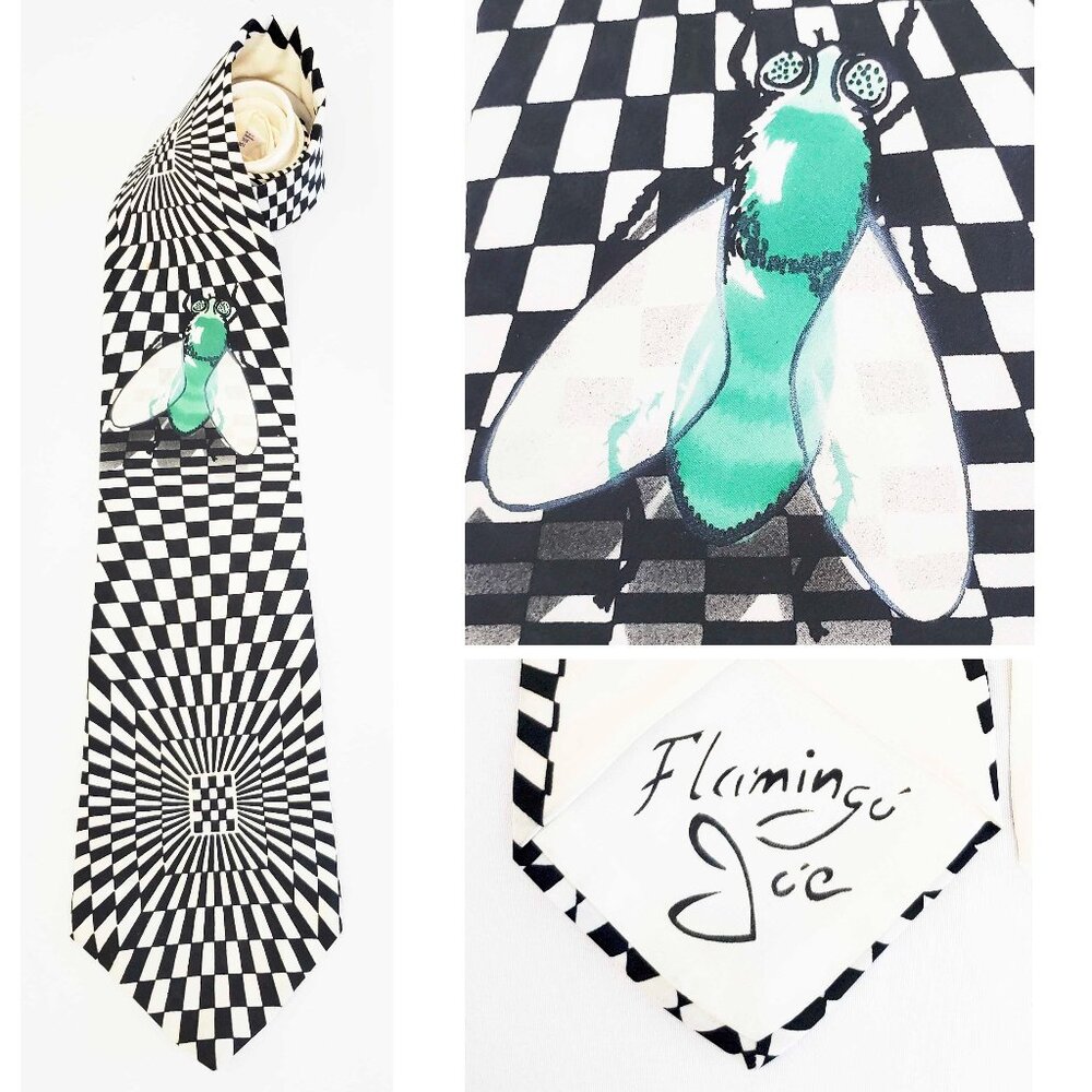 Flamingo Joe Vintage Mens Neck Tie Optical Illusion Black and Ivory Green Fly